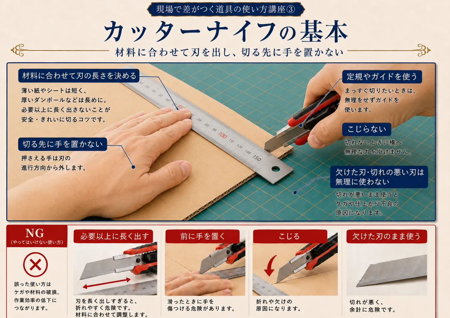 カッターナイフの基本|材料に合わせて刃を出し、切る先に手を置かない